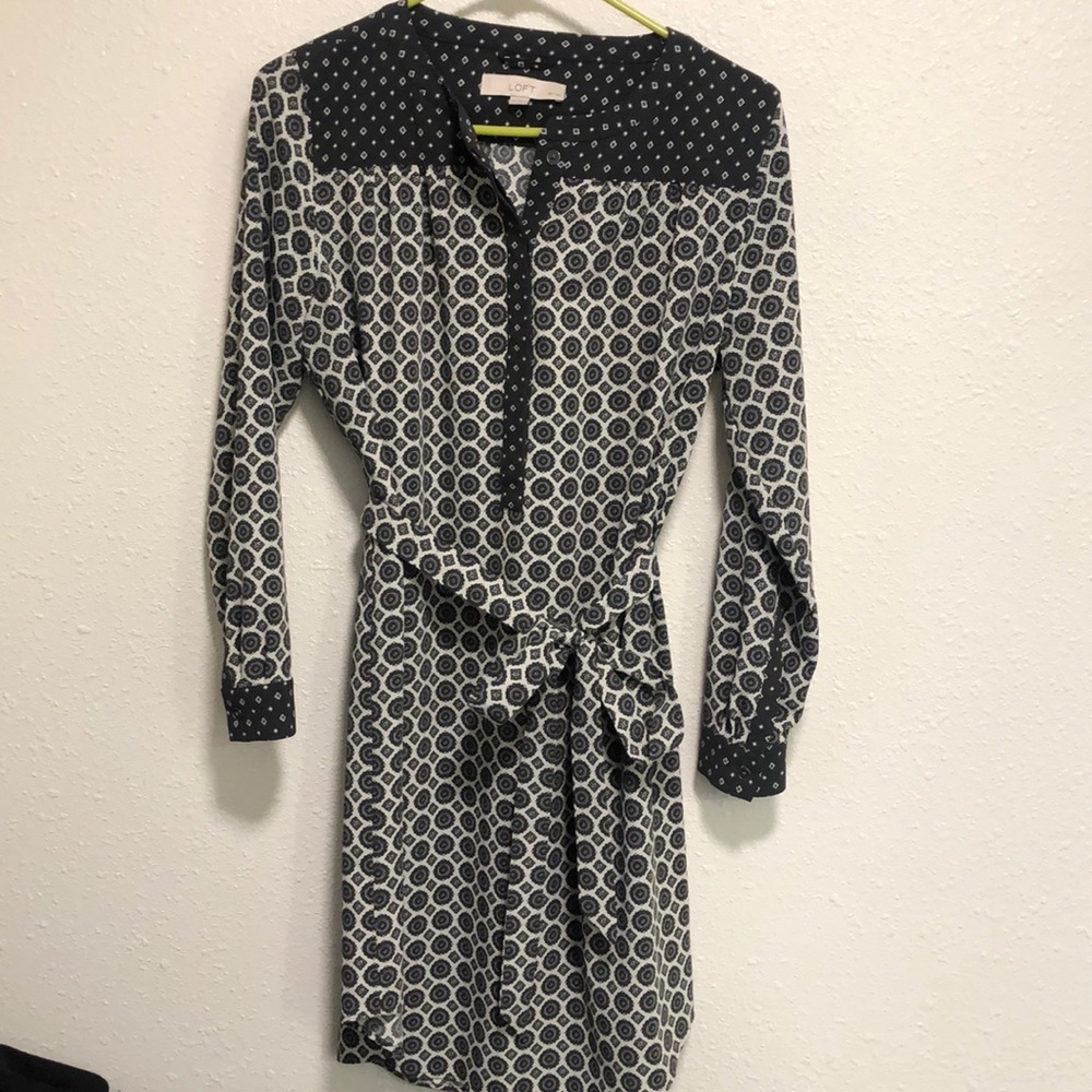 LOFT Medium Petite Dress Grey & Cream